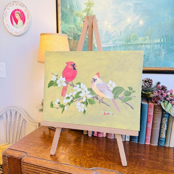Vintage Other - OOAK Vintage Signed Cardinal Painting with Wood Easel